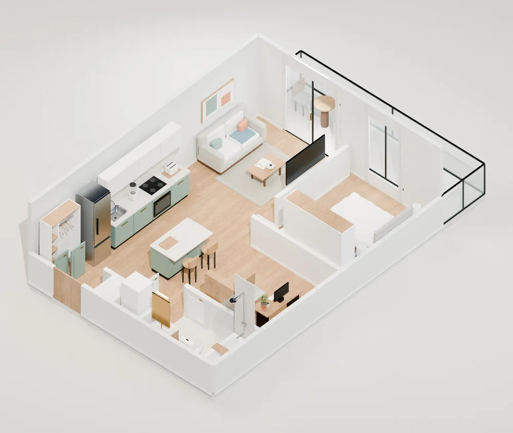 Detailed furnished 3D sample unit showing the complete layout
